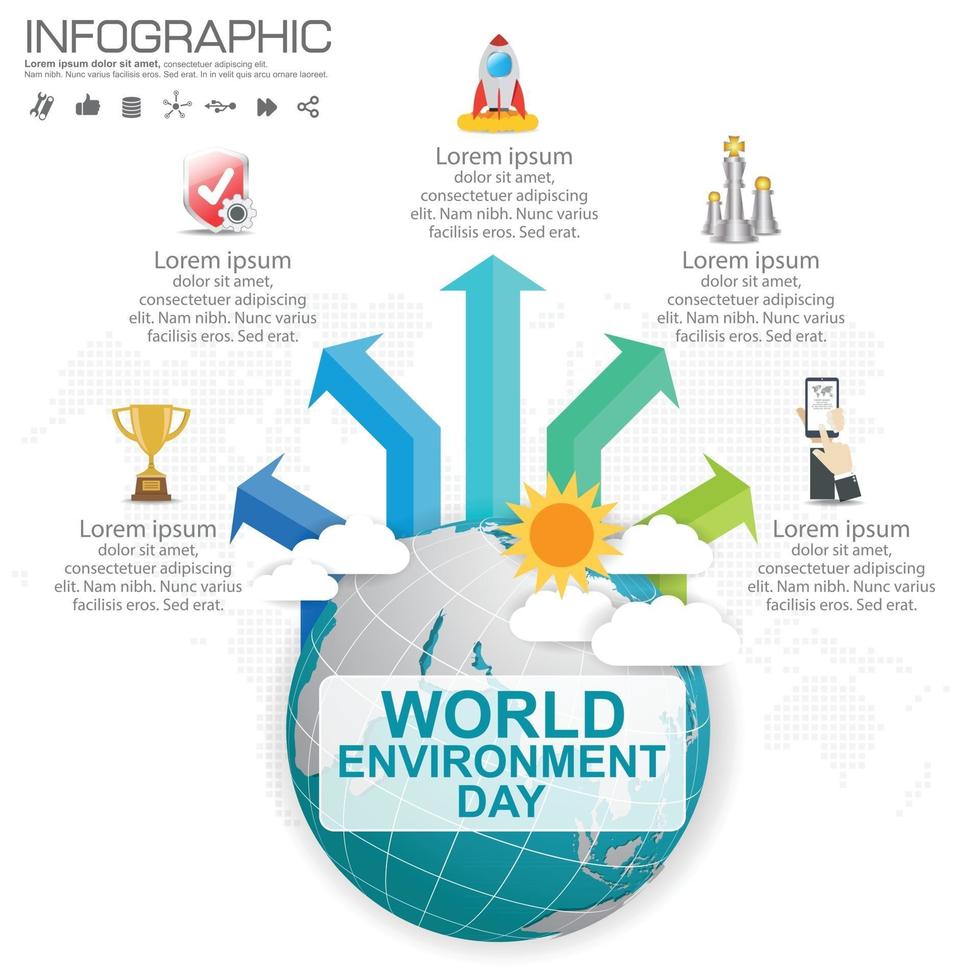 globo terrestre com ilustração vetorial infográfico pode ser usado como panfleto, banner ou cartaz. conceito do dia do ambiente mundial. vetor