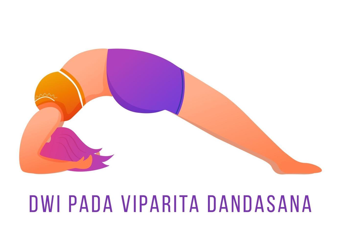 ilustração em vetor plana dwi pada viparita dandasana. caindo de volta para o banco. mulher caucausiana fazendo ioga em roupas esportivas laranja e roxas. treino. personagem de desenho animado isolado em fundo branco