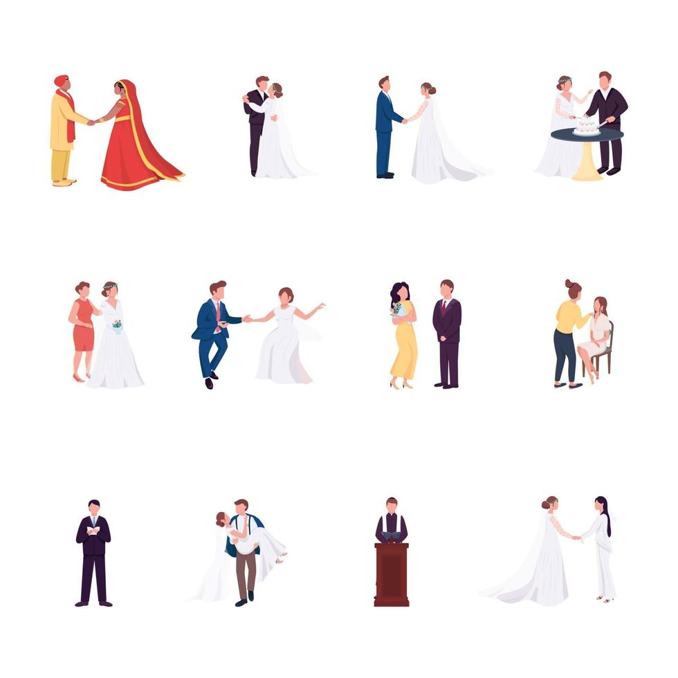 conjunto de caracteres sem rosto de vetor de cor lisa para cerimônia de casamento