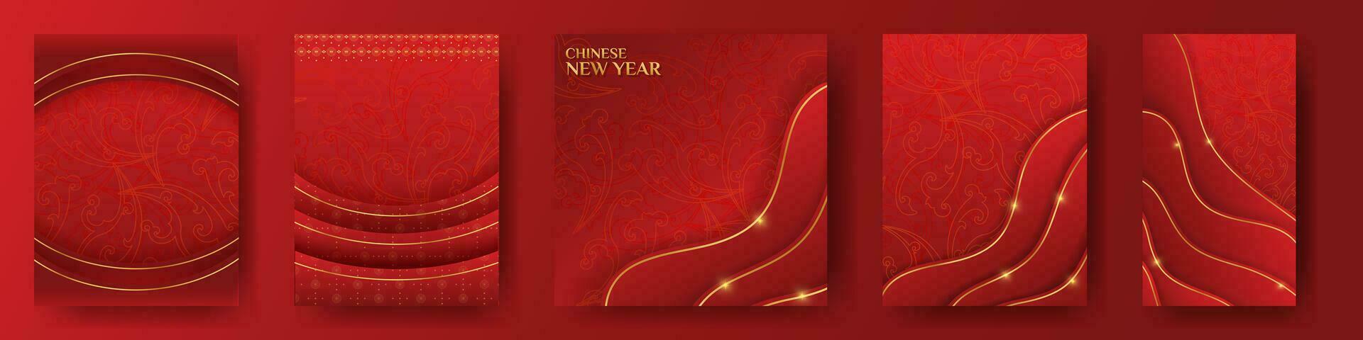 vermelho e amarelo lunar Novo ano modelo Projeto definir. lindo oriental fundo cartazes, cumprimento cartões, social meios de comunicação cartão. em branco chinês Novo ano layouts. editável vetor ilustração.