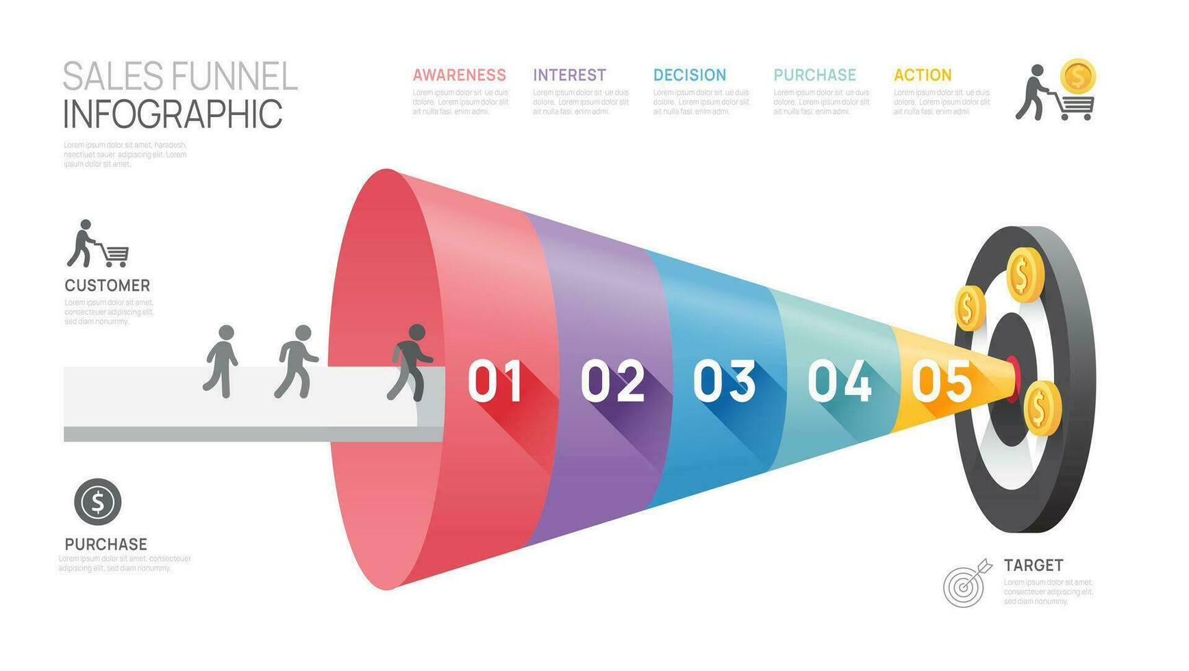 infográfico vendas funil diagrama modelo para negócios. moderno Linha do tempo 5 degrau nível, digital marketing dados, apresentação vetor infográficos.