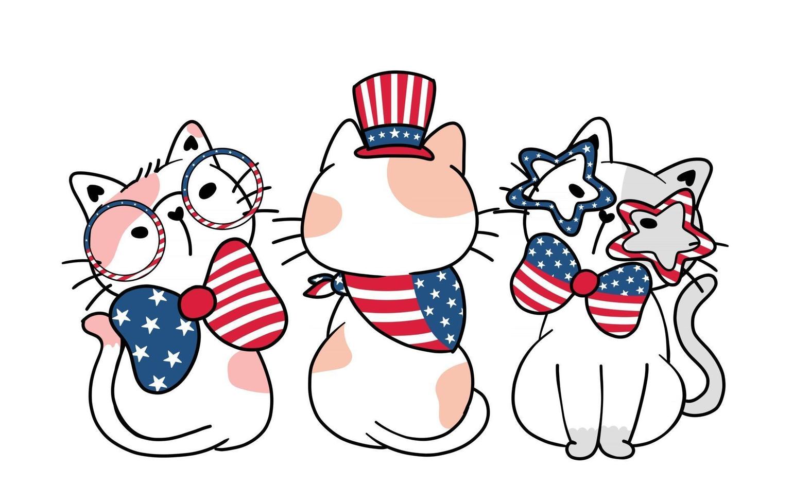 três gatinhos engraçados gato América, dia da independência, 4 de julho, com listras e estrelas, desenho animado doodle ilustração vetorial plana vetor