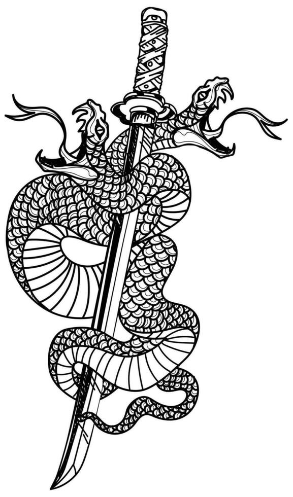 tatuagem arte cobra e japonês espada desenhando e esboço Preto e branco vetor