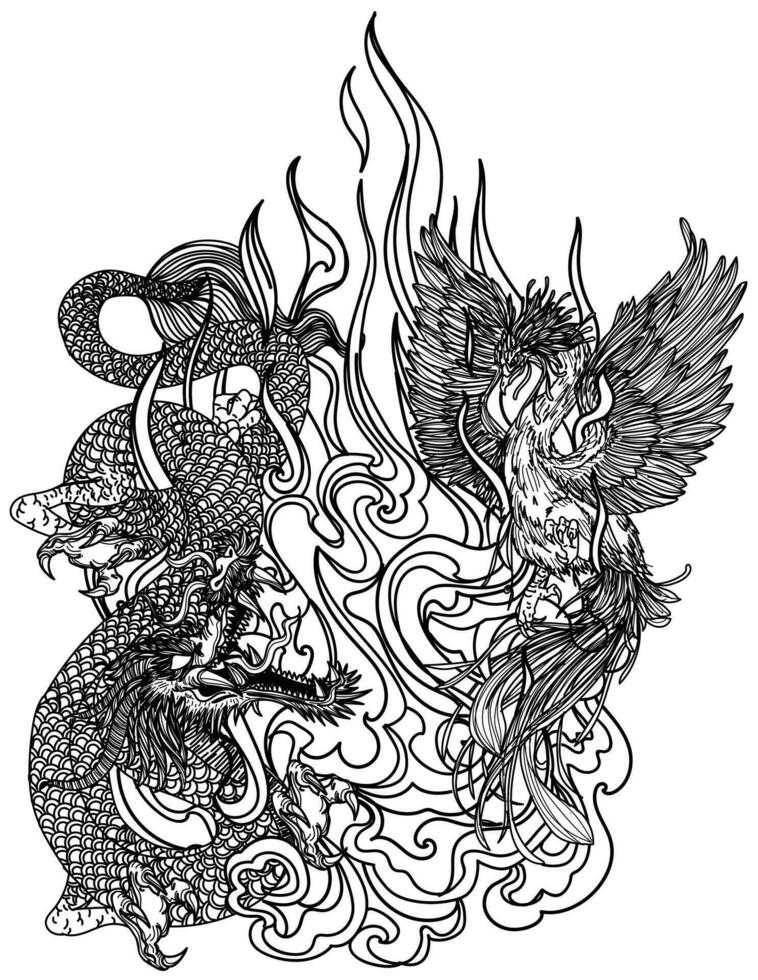 tatuagem arte cisne China e Dragão mão desenhando esboço Preto e branco vetor