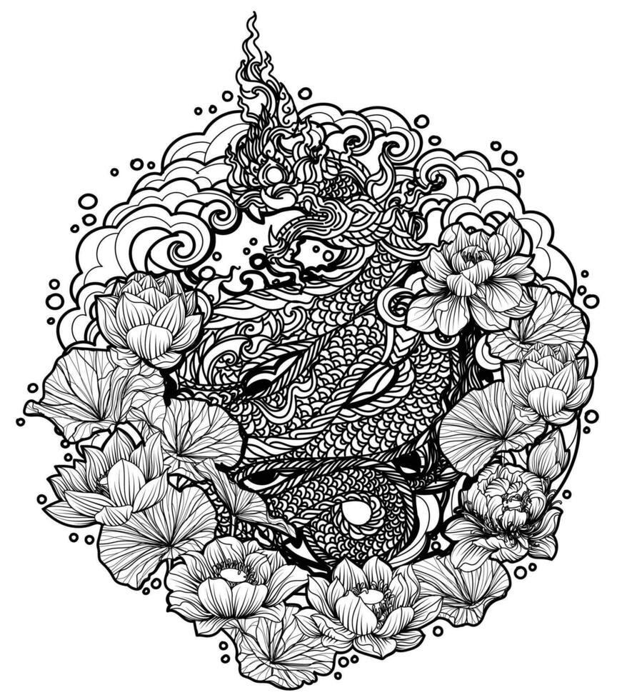 tatuagem arte dragão tailandês mão desenho e esboço preto e branco vetor