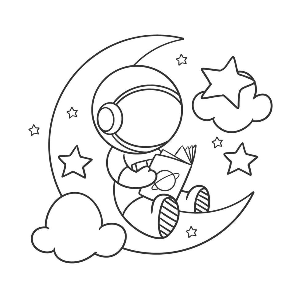 astronauta é lendo uma livro em a lua para coloração vetor