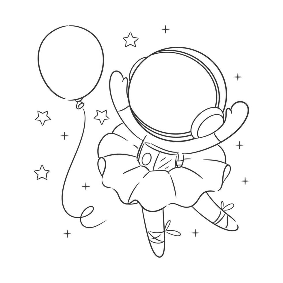 astronauta é dançando alegremente com balão para coloração vetor