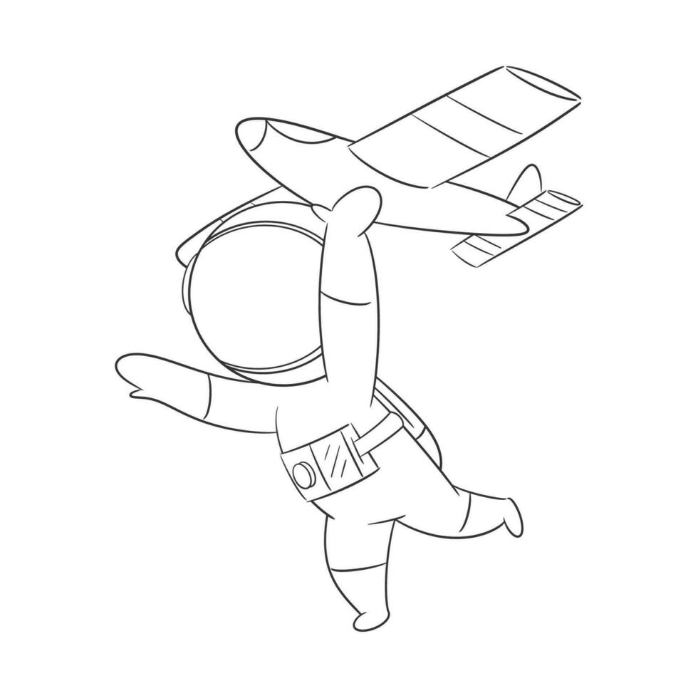 astronauta corrida enquanto jogando brinquedo avião para coloração vetor