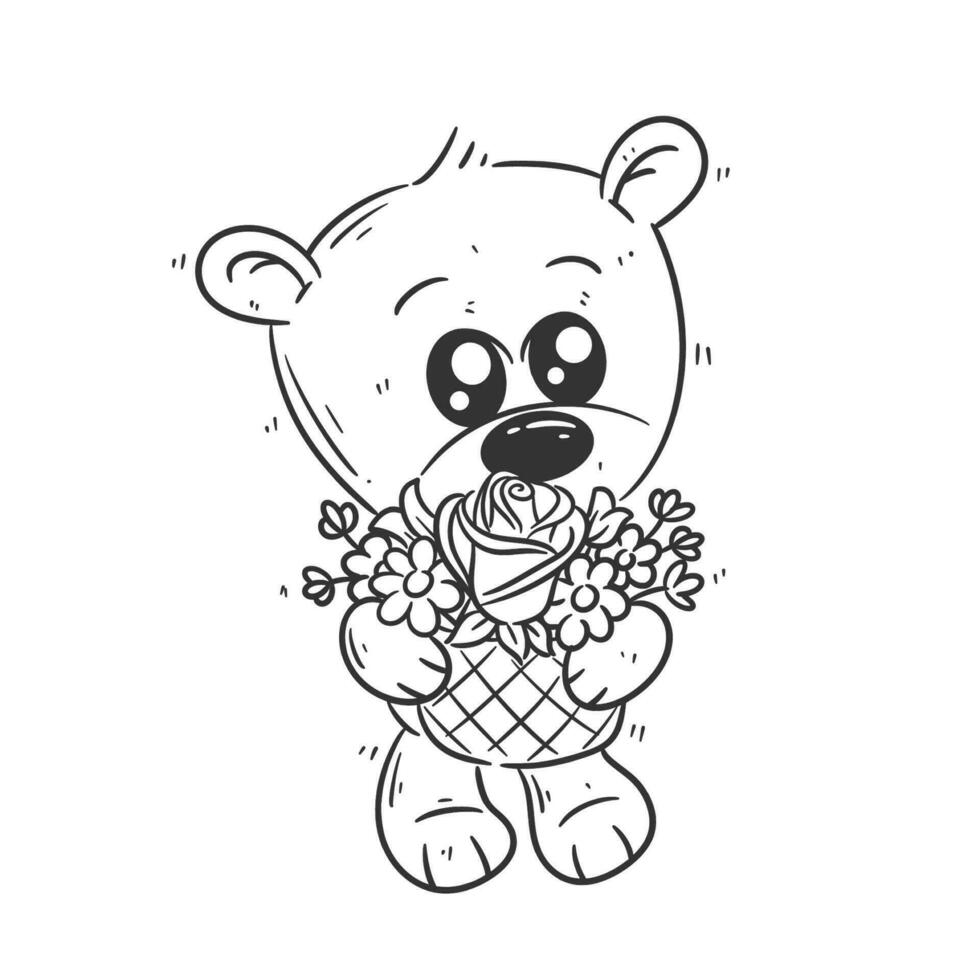 fofa Urso em pé carregando uma ramalhete do flores desenho animado vetor para coloração