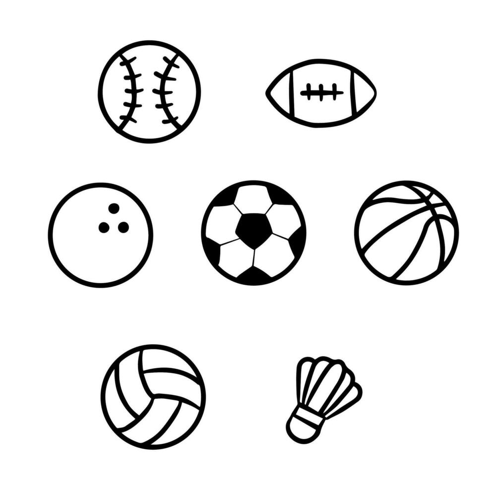 esporte bolas esboço basquetebol, boliche, rúgbi, badminton, beisebol, voleibol, futebol, futebol. vetor