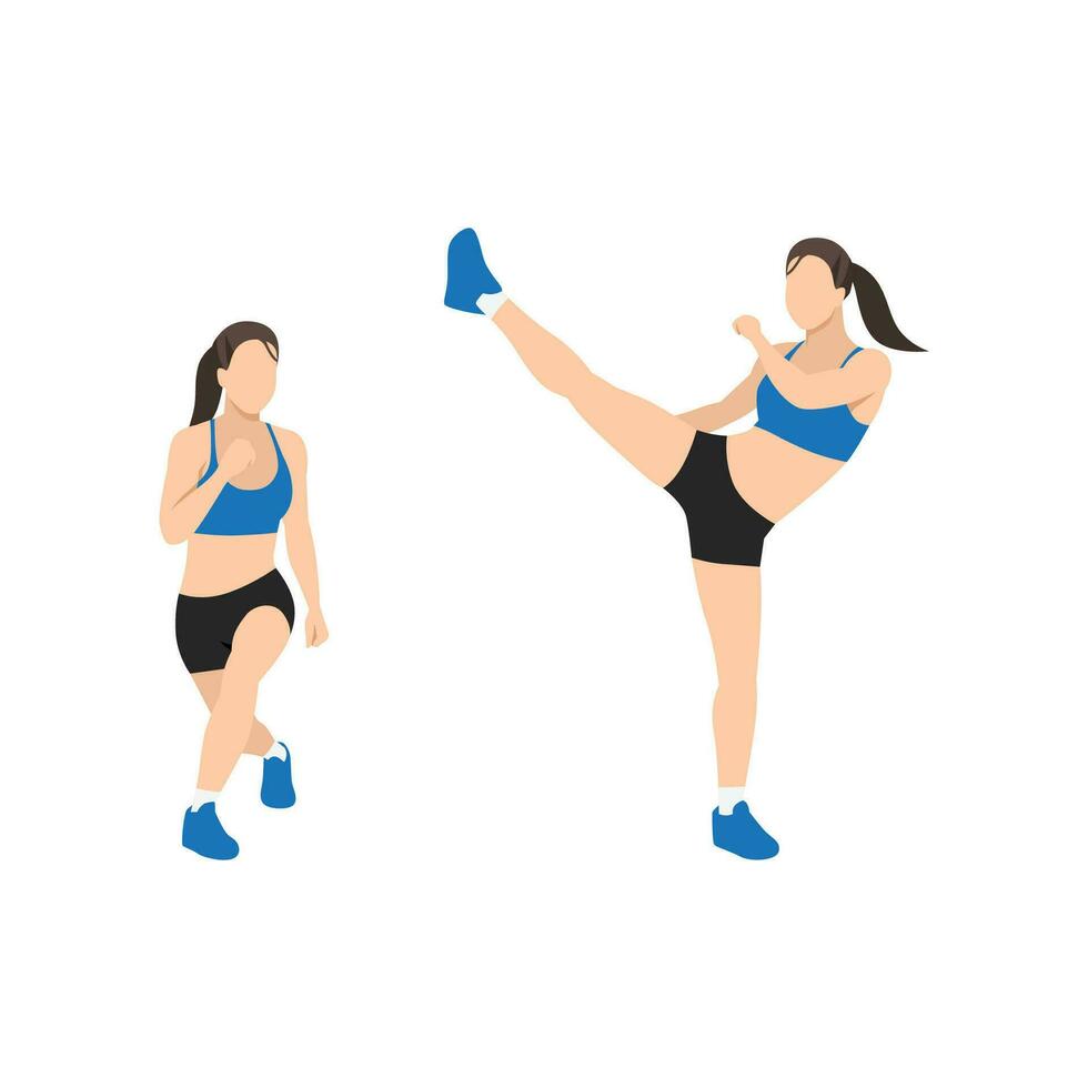 mulher fazendo reverência estocada lado pontapé exercício. plano vetor ilustração isolado em branco fundo