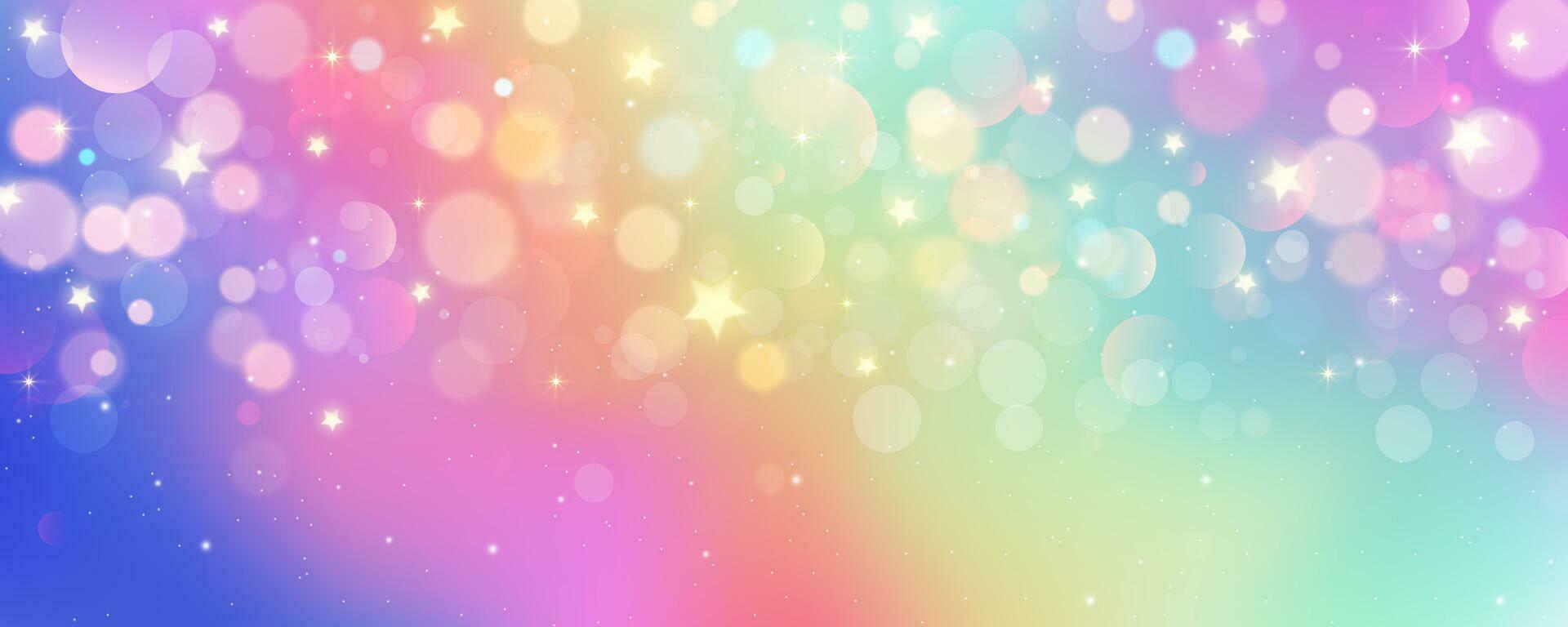 arco Iris unicórnio pastel fundo com brilhar estrelas. Rosa fantasia céu. holográfico espaço com bokeh. fada iridescente gradiente pano de fundo. vetor