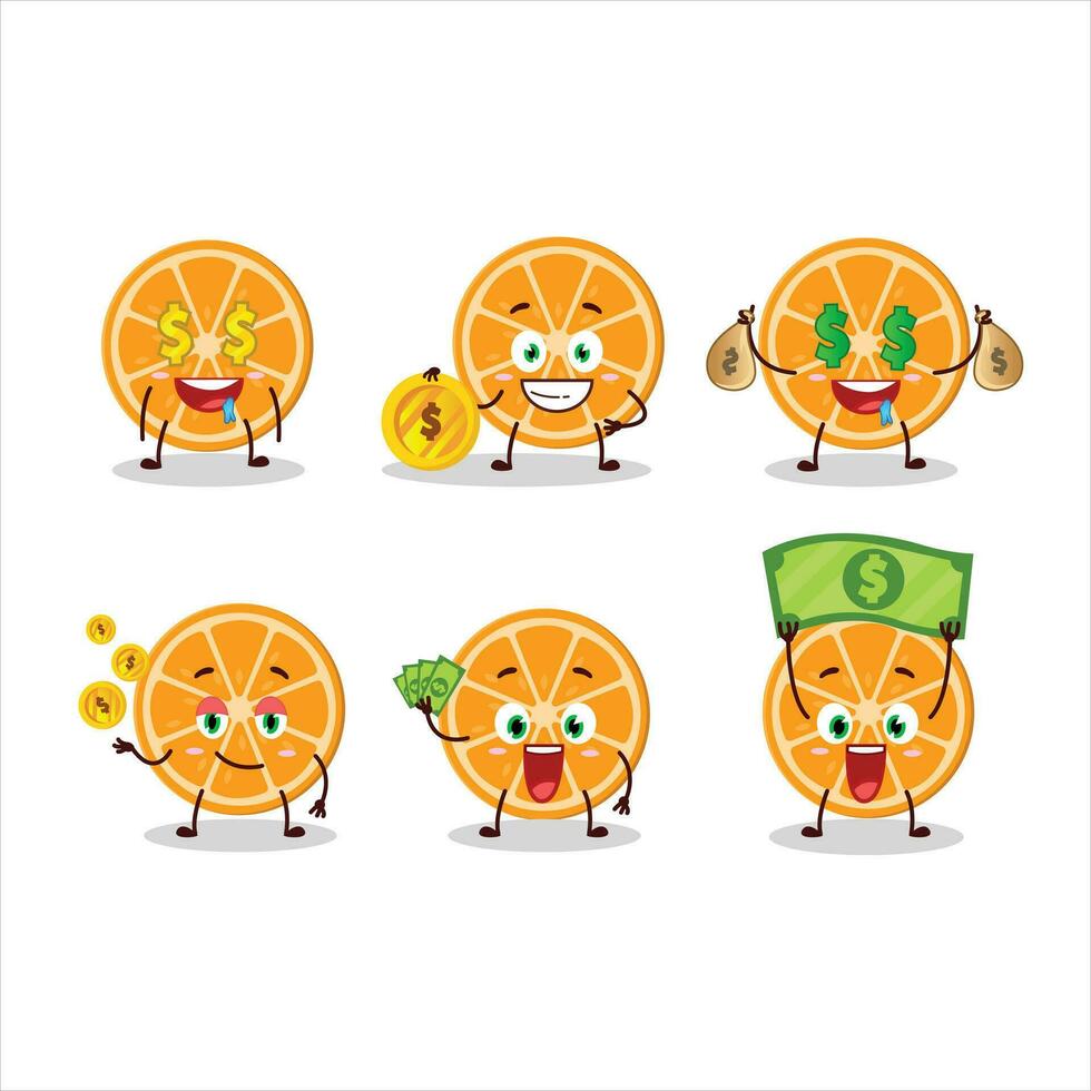 fatia do laranja desenho animado personagem com fofa emoticon trazer dinheiro vetor