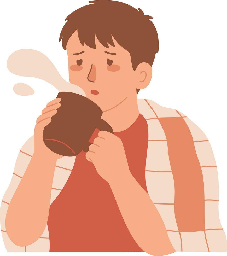 jovem homem bebendo café, masculino personagem tendo quente beber desenho animado estilo vetor ilustração