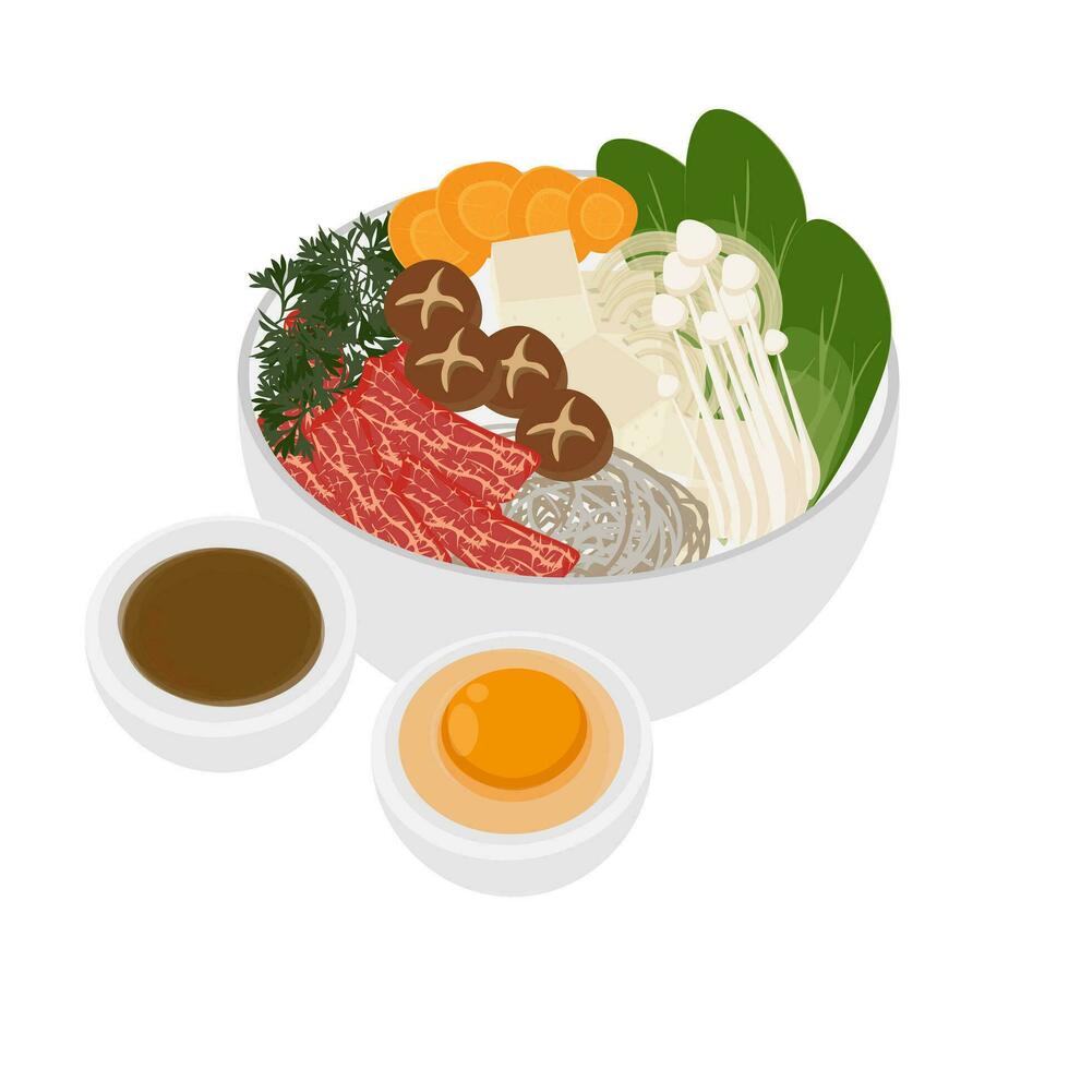 ilustração logotipo japonês Sukiyaki com adicionado molho e cru ovo vetor