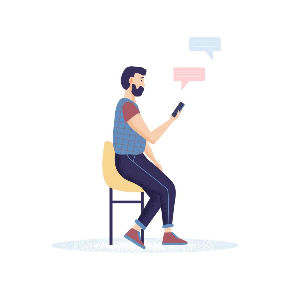 jovem sentado em uma cadeira confortável e tira uma selfie usando o gadget do smartphone. cara moderno com telefone celular. ilustração em vetor plana dos desenhos animados isolada no fundo.