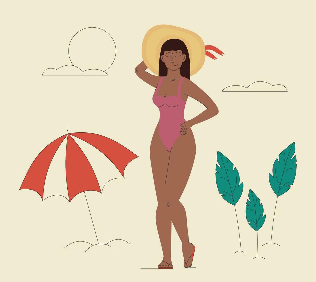jovem mulher em pé em de praia e desfrutando verão vetor ilustração.