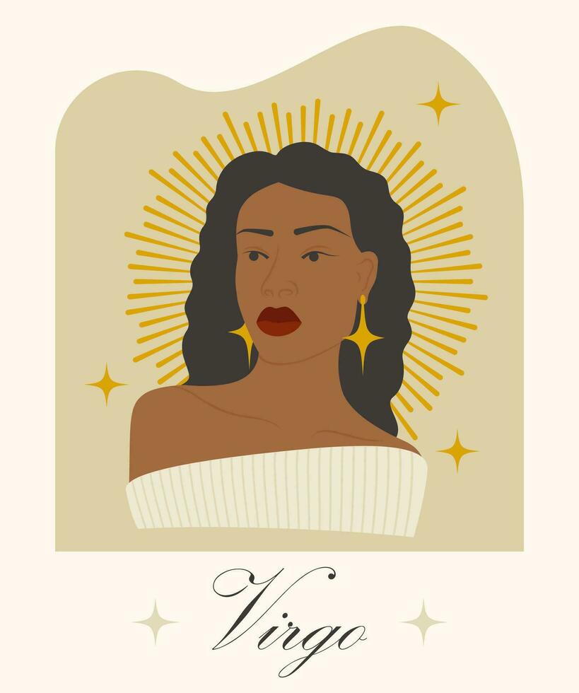 Virgem zodíaco placa com Preto mulher desenho animado vetor cartão