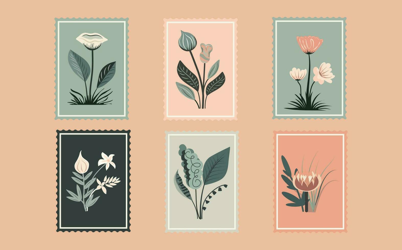 uma conjunto do cartões postais com uma variedade plantas e flores vetor