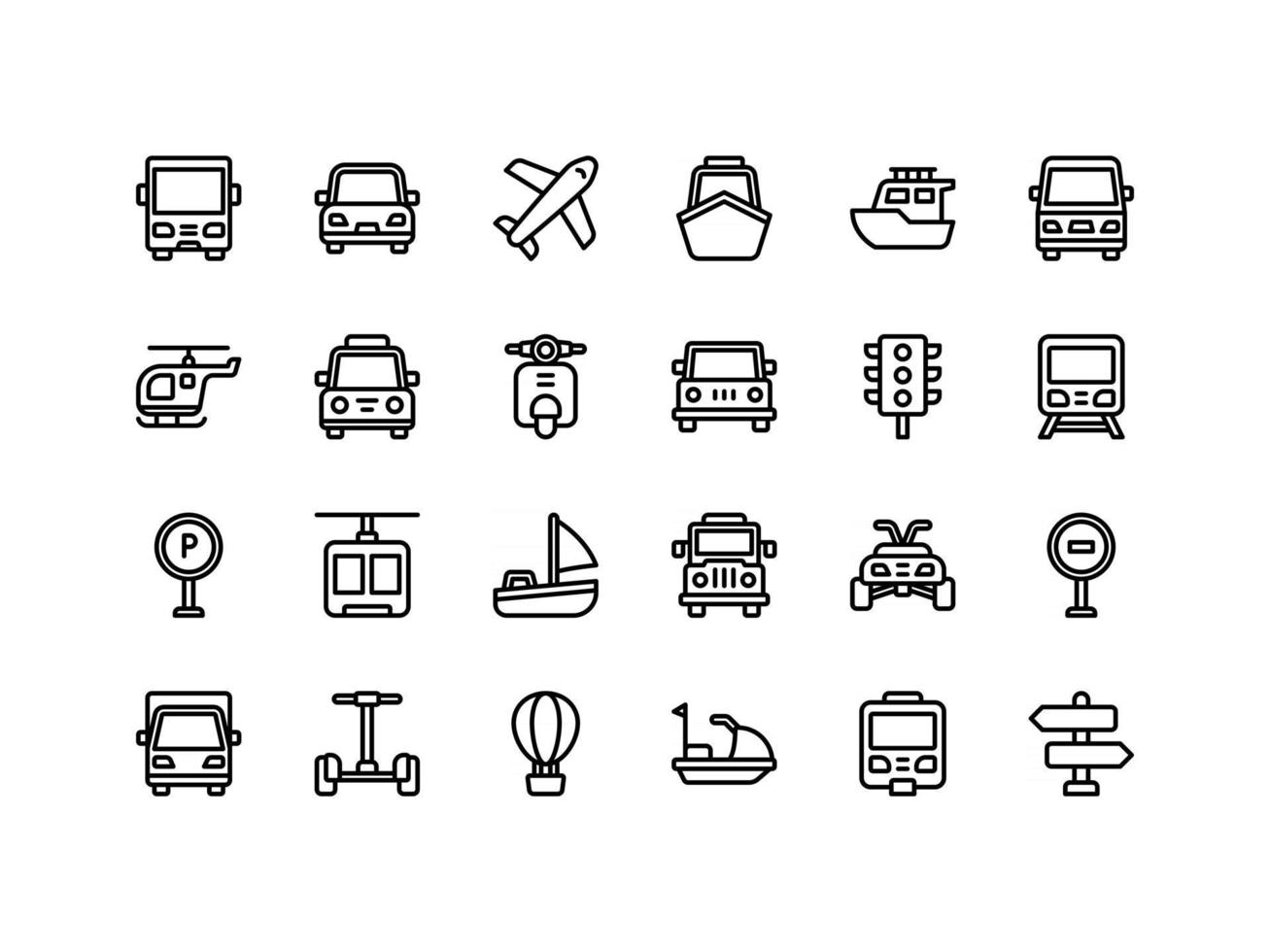 conjunto de ícones de contorno de transporte e veículos vetor