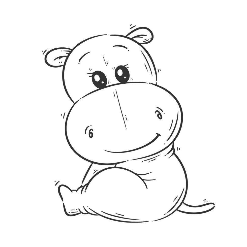 fofa hipopótamo sentado desenho animado estilo vetor para coloração