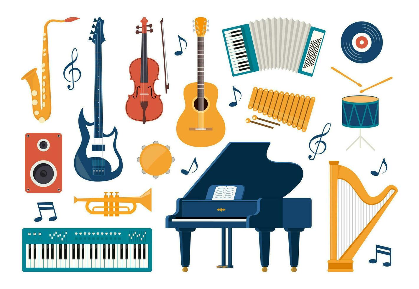 musical instrumentos, conjunto do ícones. guitarra, sintetizador, violino, violoncelo, tambor, pratos, saxofone, acordeão, pandeiro, grande piano. vetor ilustração.