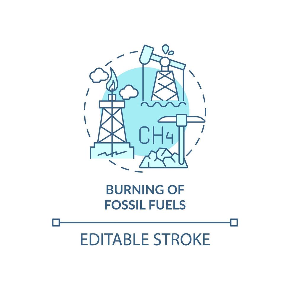 ícone do conceito de queima de combustíveis fósseis. co2 humano causa ilustração de linha fina de ideia abstrata. liberação de gases de efeito estufa. setor industrial. desenho de cor de contorno isolado vetor. curso editável vetor