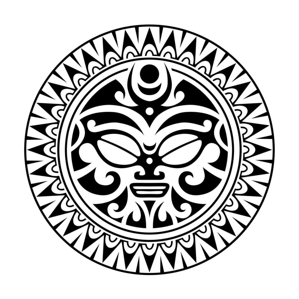 volta tatuagem enfeite com Sol face maori estilo. africano, astecas ou maia étnico mascarar. Preto e branco. vetor