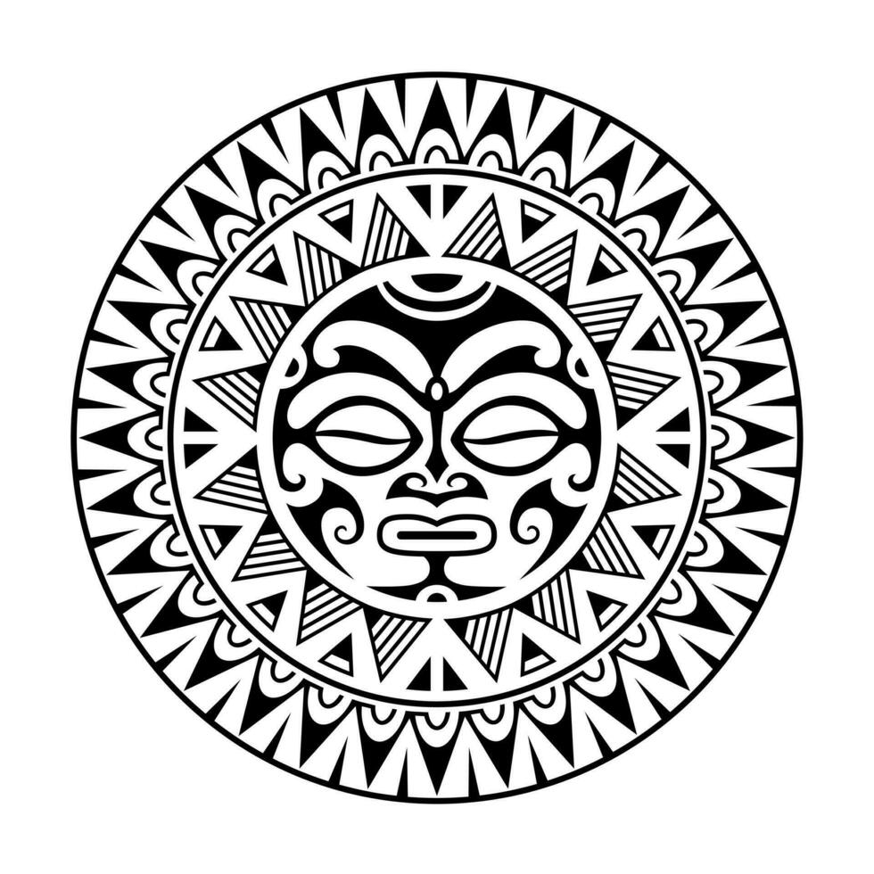 volta tatuagem enfeite com Sol face maori estilo. africano, astecas ou maia étnico mascarar. Preto e branco. vetor