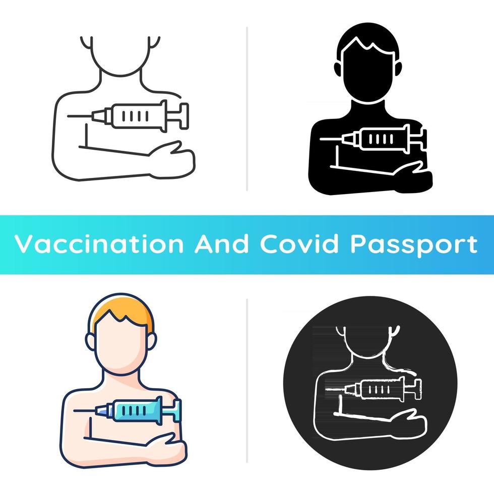 injeção no ícone do braço. tratamento clínico para influenza. inoculação de drogas. vacina injetada para o paciente. cuidados de saúde e medicina. estilos de cor preta e rgb linear. ilustrações vetoriais isoladas vetor