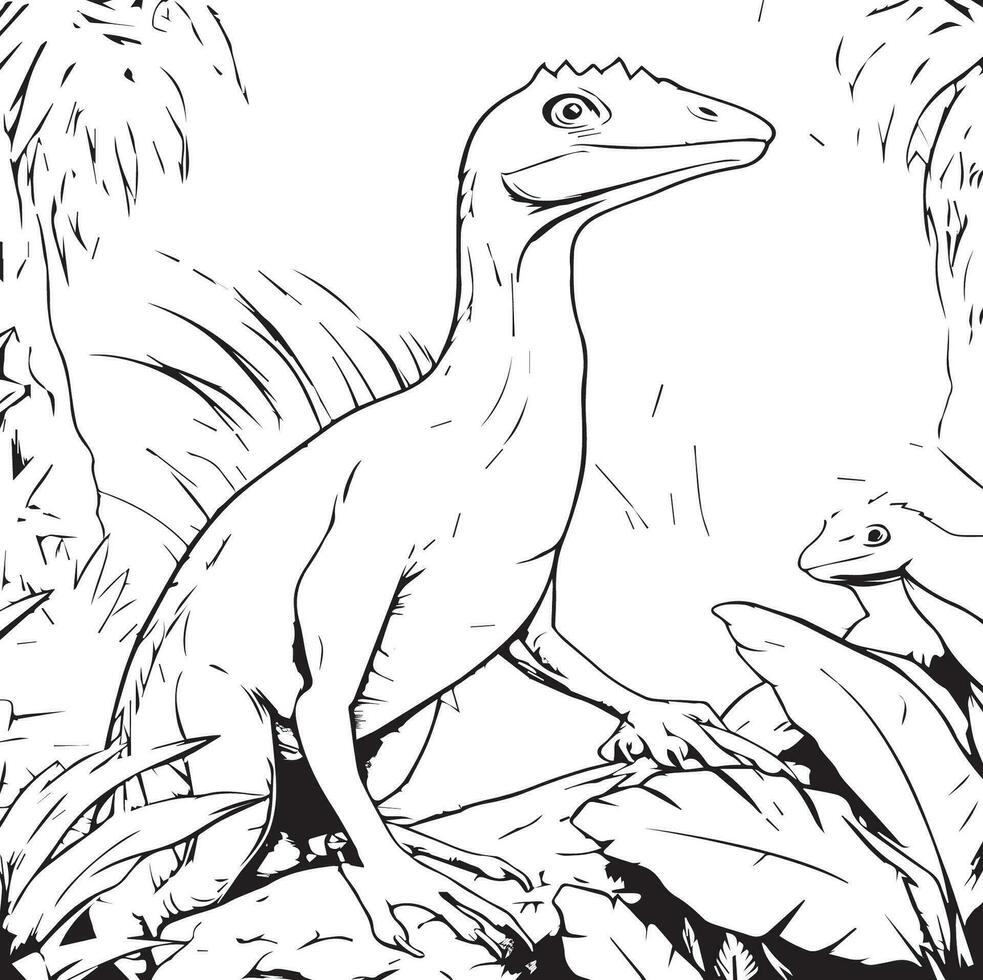 coloração página para crianças compsognathus dentro uma selva vetor