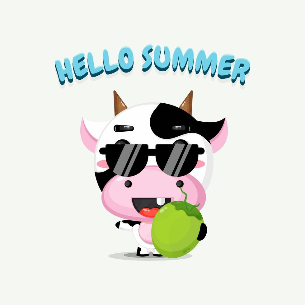 mascote da vaca fofa carregando coco com saudações de verão vetor