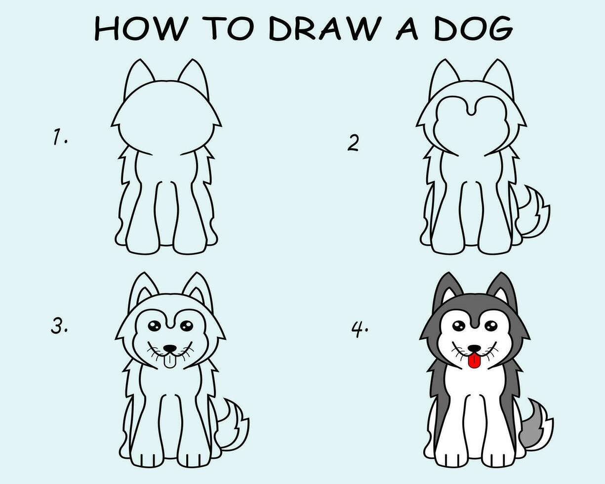 degrau de degrau para desenhar uma cachorro. desenhando tutorial uma cachorro. desenhando lição para crianças. vetor ilustração.