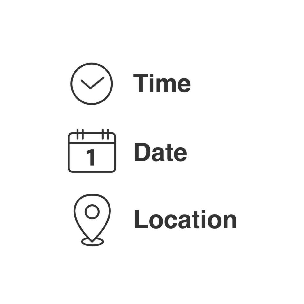 data, tempo, e localização ícones dentro plano estilo vetor ilustração em isolado fundo.