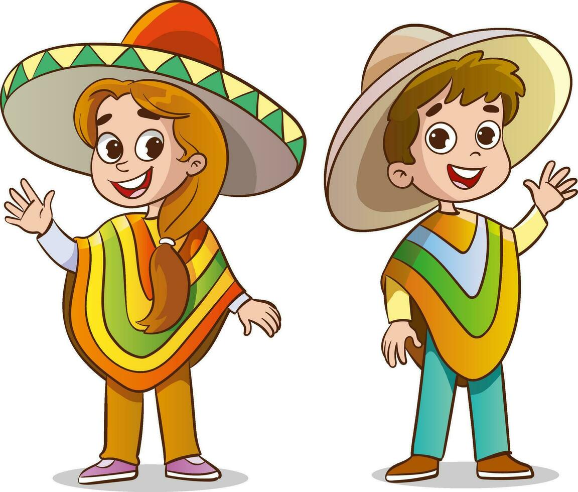 mexicano crianças dentro poncho e sombrero vetor ilustração