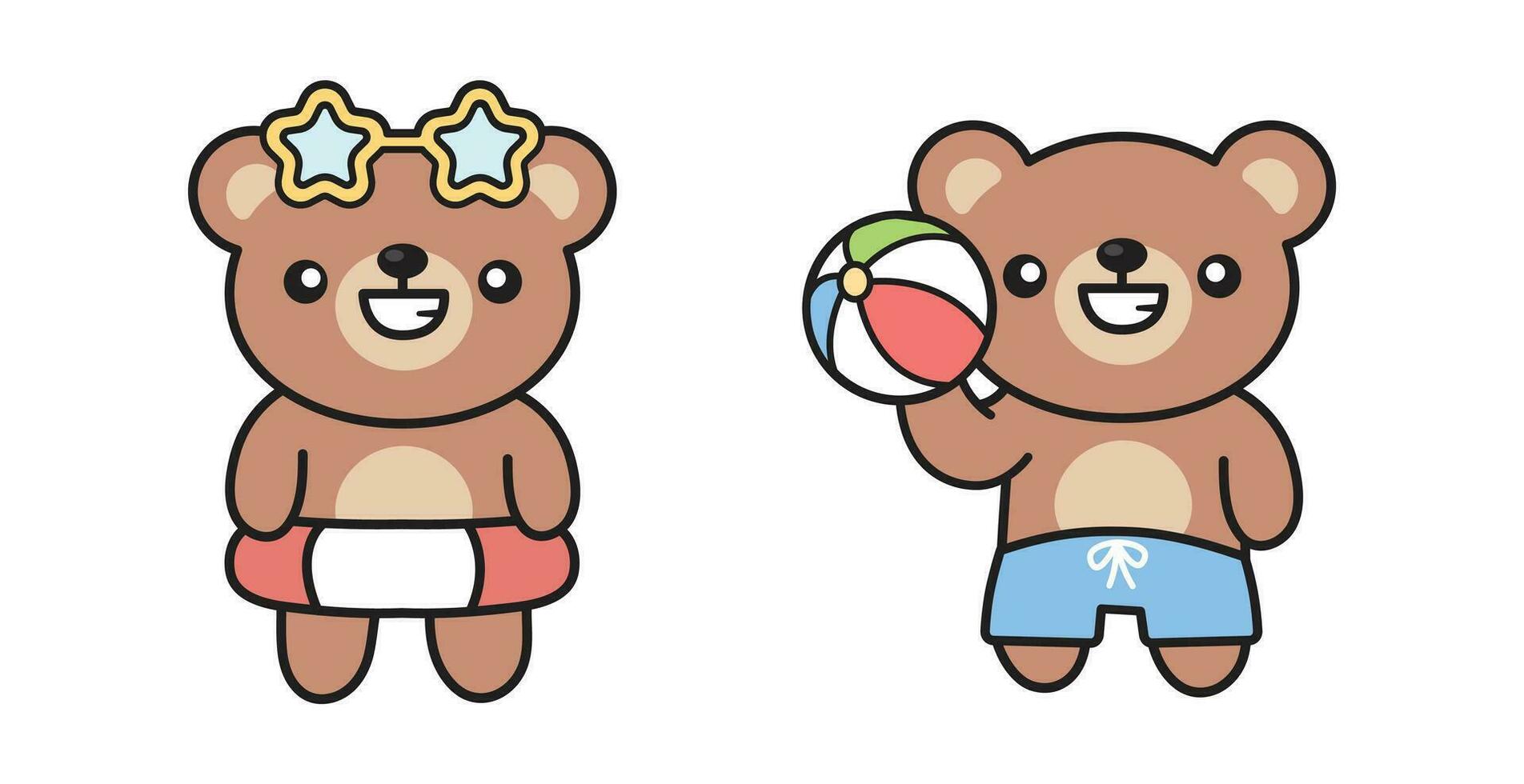 fofa kawaii Urso verão com voleio de praia bola e bóia salva-vidas vetor