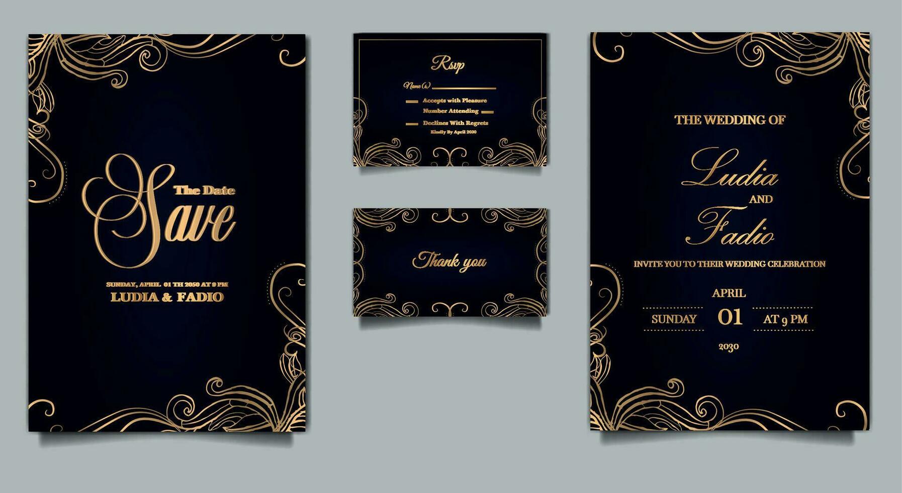 conjunto de design de cartão de convite de casamento de luxo vetor