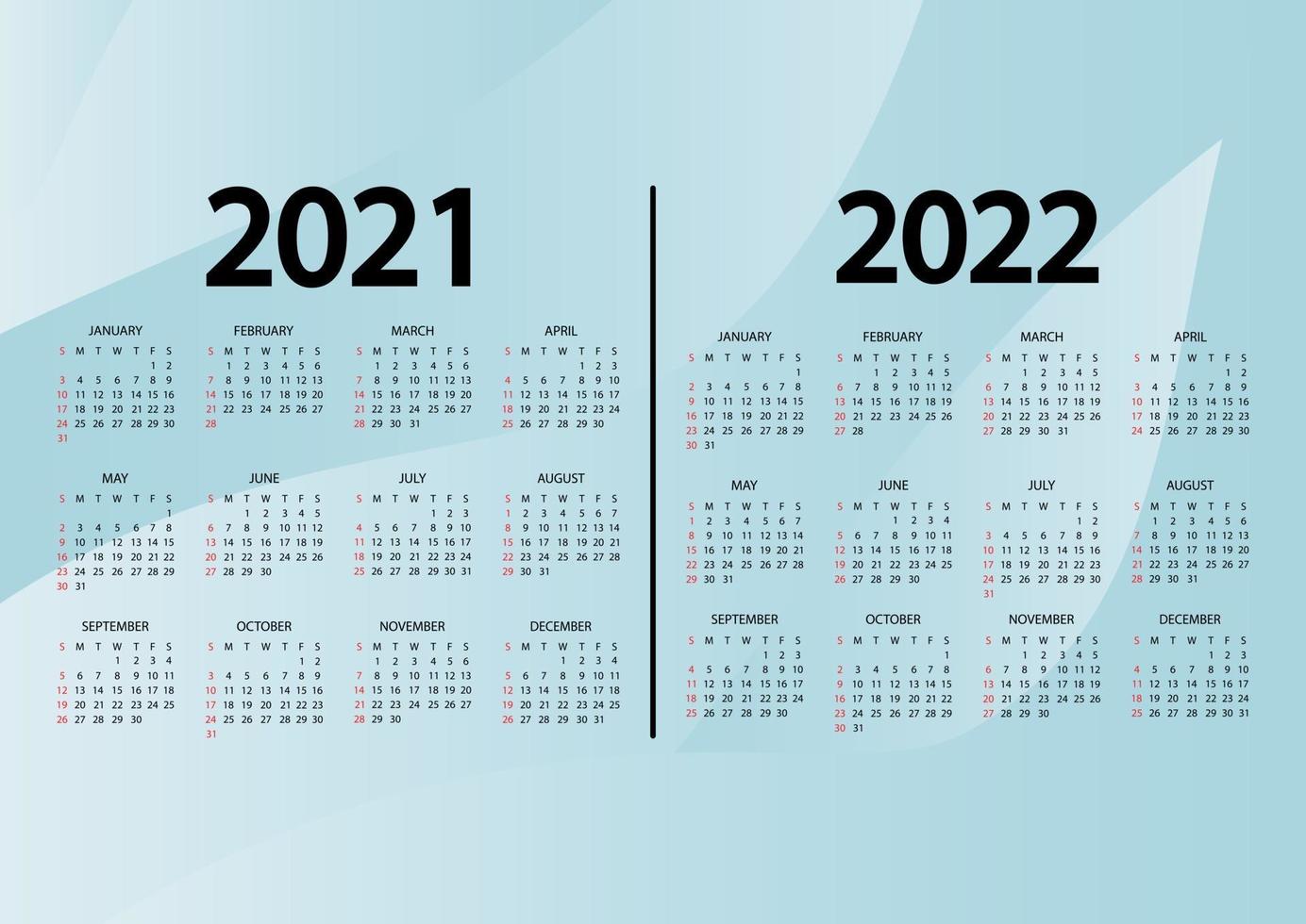 calendário 2021-2022 anos. a semana começa no domingo. calendário anual de 2021, modelo de 2022. calendário de parede com fundo azul abstrato. domingo em cores vermelhas. vetor