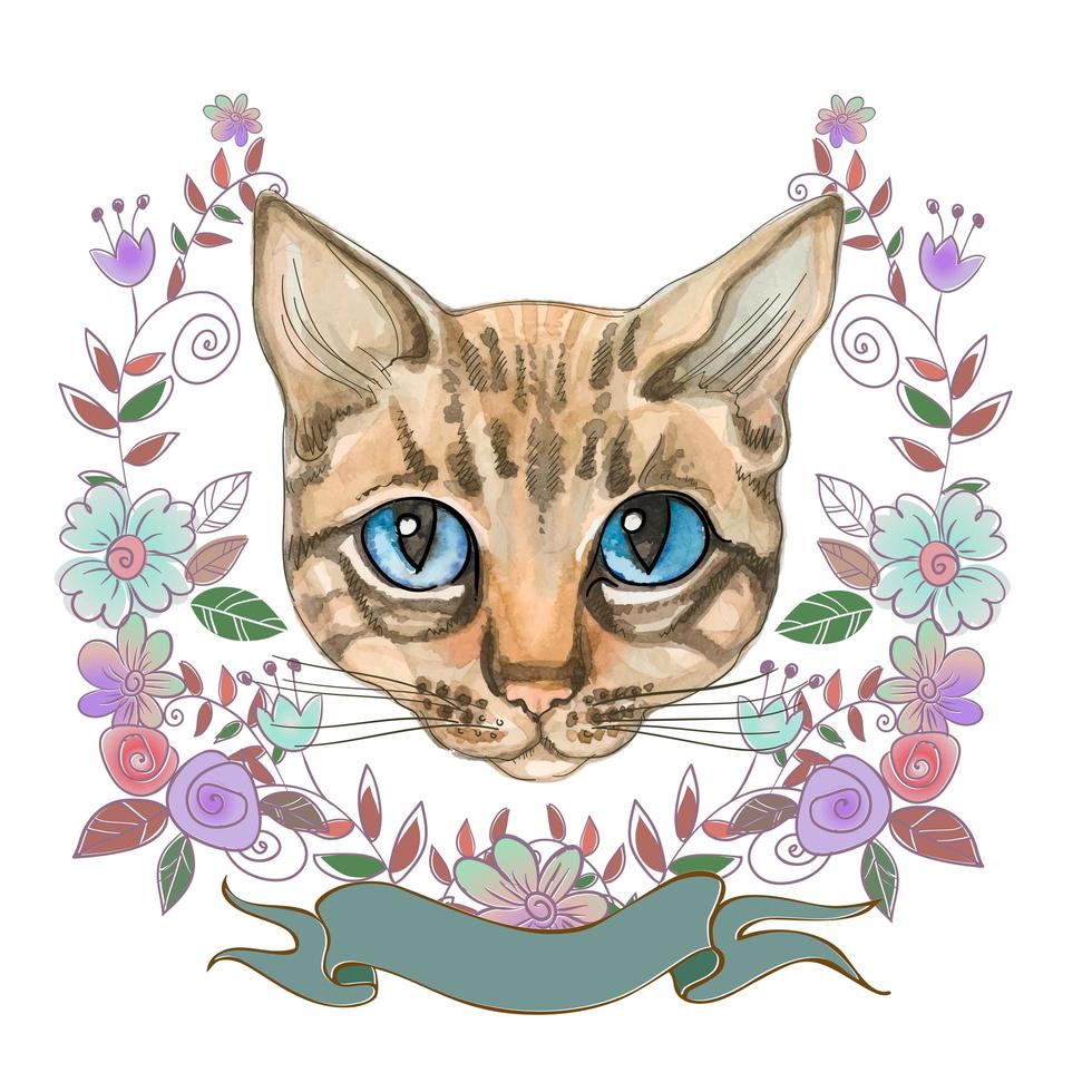 cara de gato em um quadro de flores. aquarela. vetor