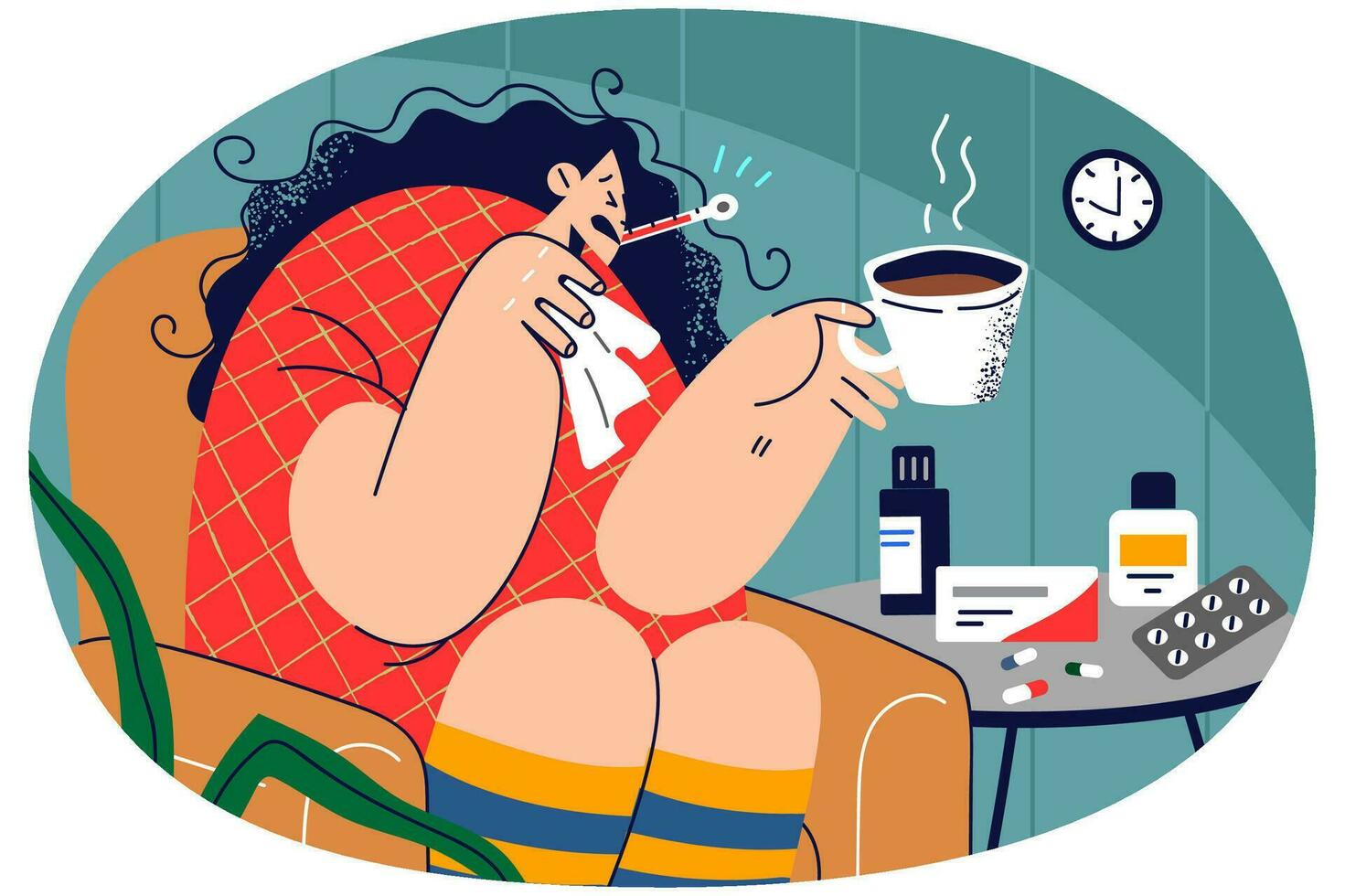doente mulher sentado às casa bebendo quente chá medindo temperatura. pouco saudável menina luta com gripe ou cobiçado sintomas. frio e gripe. vetor ilustração.