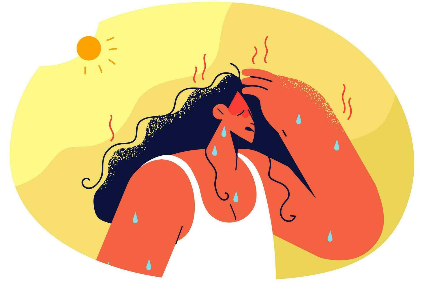 indisposto mulher suor Sofra a partir de quente verão clima fora. pouco saudável fêmea luta a partir de insolação. cuidados de saúde conceito. vetor ilustração.