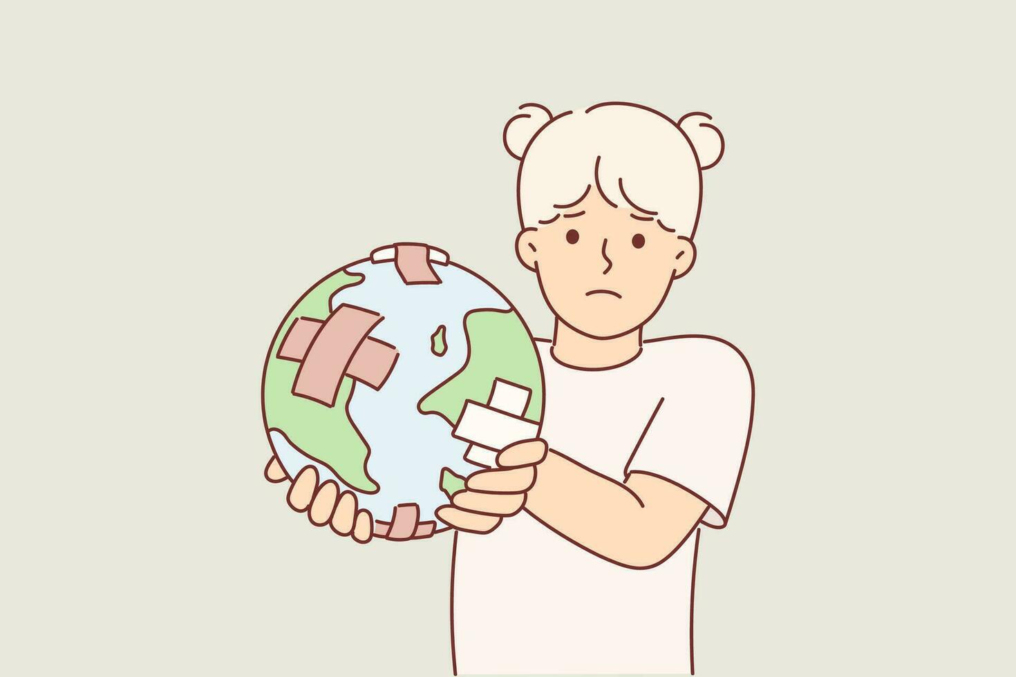 pequeno menina é segurando globo com Atadura, preocupante sobre eco problemas e co2 carbono dióxido emissões prejudicial ambiente. criança eco ativista chamadas para pagar atenção para ecologia ou clima mudança vetor