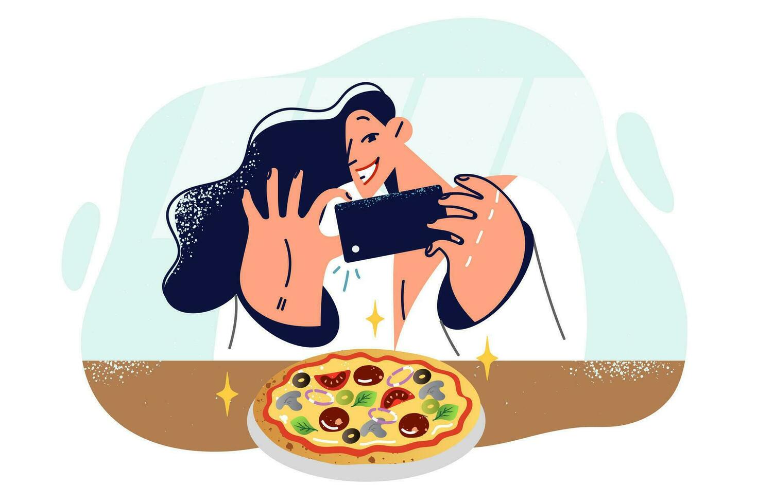 mulher blogueiro leva cenário pizza em telefone para postar Reveja e contar seguidores sobre Novo pizzaria. feliz menina smm especialista faz instantâneo pizza para lançamento publicidade campanha para italiano restaurante vetor