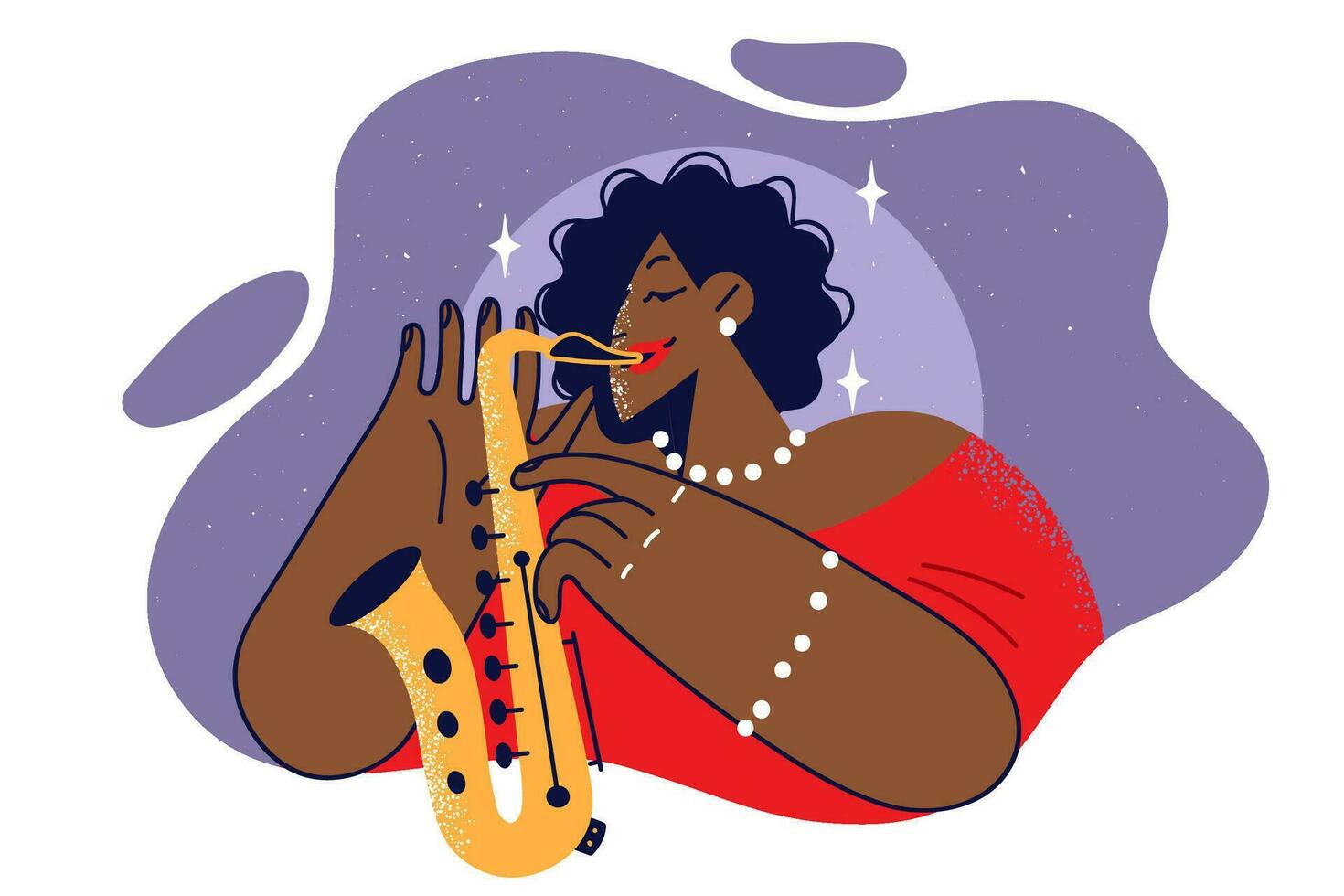 africano americano mulher com saxofone executa jazz ou blues música para clube frequentadores ou festival participantes. étnico menina usa saxofone para só show ou clássico música álbum gravação vetor