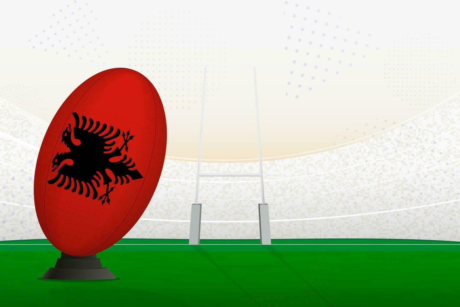 Albânia nacional equipe rúgbi bola em rúgbi estádio e objetivo Postagens, preparando para uma multa ou livre chute. vetor