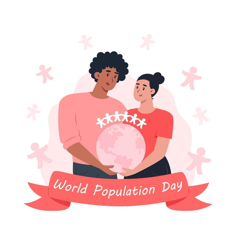 dia da população mundial, mulher e homem segurando o planeta Terra em suas mãos vetor