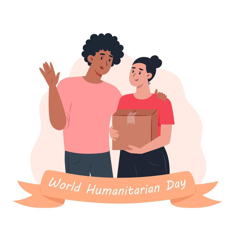 Dia Mundial da Humanidade, voluntários homem e mulher segurando uma caixa de papelão vetor