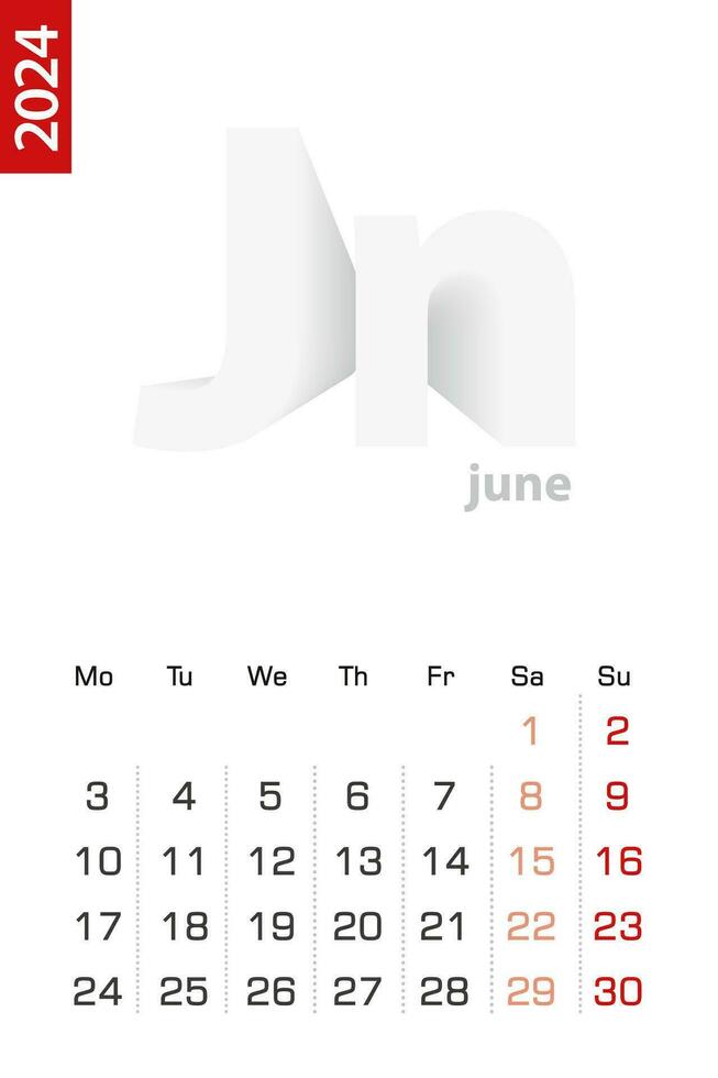 minimalista calendário modelo para Junho 2024, vetor calendário dentro inglês.