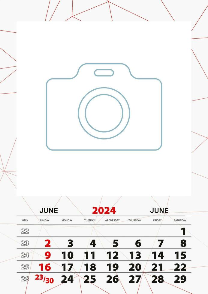 parede calendário planejador modelo para Junho 2024, semana começa em Domingo. vetor