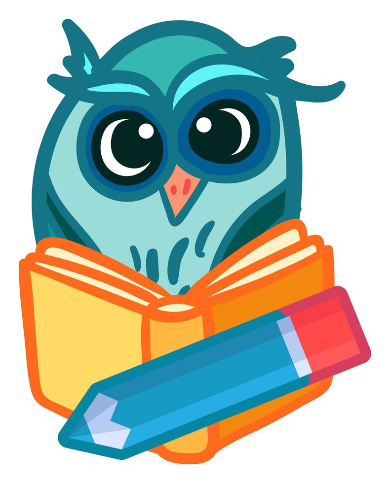 adesivo de estudo escolar com desenho animado lendo coruja vetor